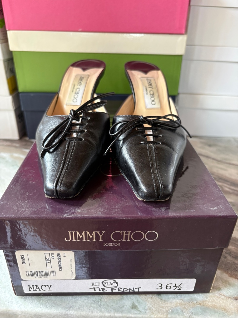 Jimmy Choo Black Leather Tie-Front Kitten Heel Mules